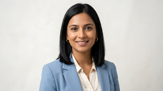 Professional confident woman in business attire smiling against a plain background perfect for corporate and professional contexts