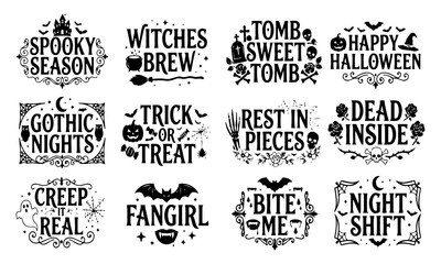 Obraz premium Halloween party signs with spooky phrases for seasonal event decorations and promotions