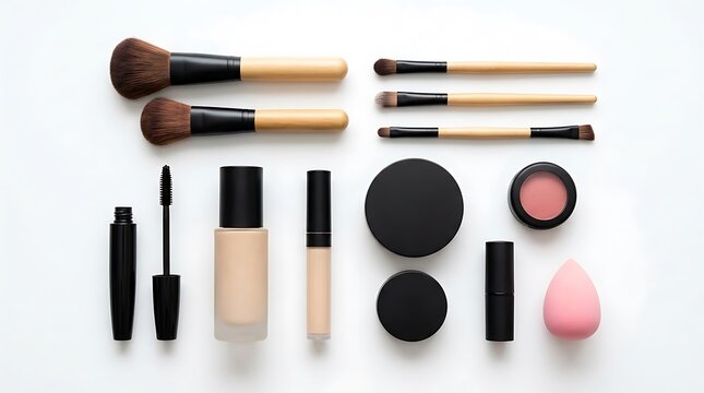 Set of professional makeup brushes and cosmetic beauty products for face application on a flat surface. basic cosmetics guide