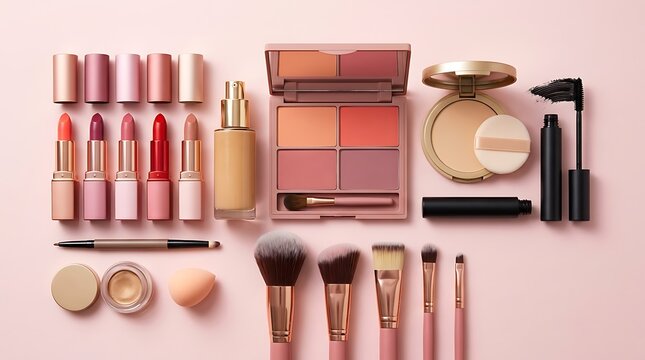Set of professional makeup products and beauty tools arranged neatly on a soft pink surface background. basic cosmetics guide