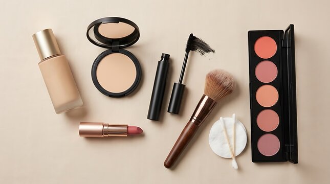 Set of professional makeup products including liquid foundation, powder, mascara, lipstick, and brushes. basic cosmetics guide