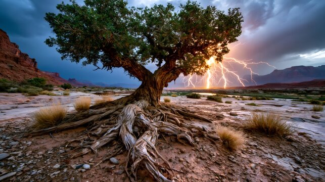 Juniper tree standing strong during desert thunderstorm