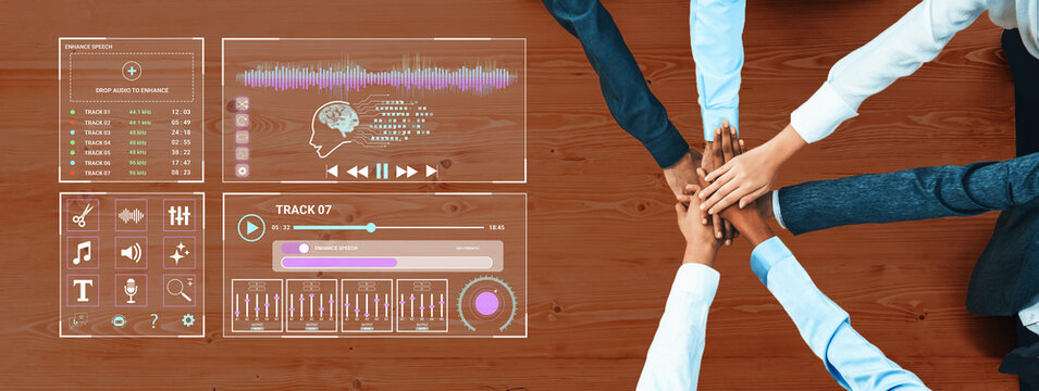 Collaborative Teamwork with Digital Media Interface and Hands Over a Table in an Office Environment. Sentient.