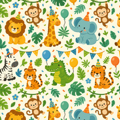 Naklejka premium Cute Jungle Animal Birthday Party Seamless Pattern