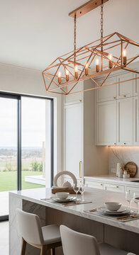 Modern kitchen island with marble countertop, bar stools, and abstract decor. Large window overlooks a green landscape, symbolizing luxury and home comfort.