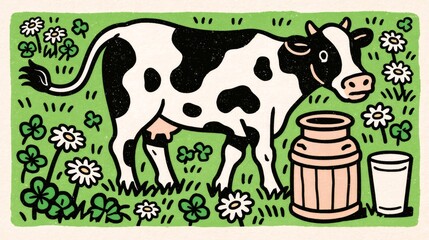 Fototapeta premium Dairy cow producing milk in a green pasture