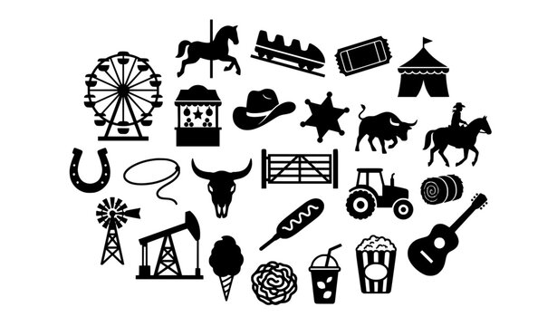 Country fair and Texas western silhouette elements with rodeo carnival food and farm icons