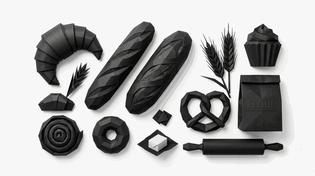 Assorted Bread, Pretzel and Bakery Ingredients, Black and White Food Illustration for Bakery, Restaurant Menu and Packaging Design