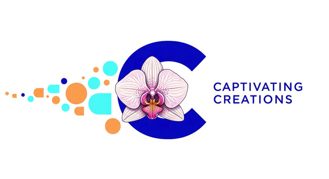 Close-up of a pink orchid, set against a blue circle with abstract shapes, symbolizing nature, art, and creativity