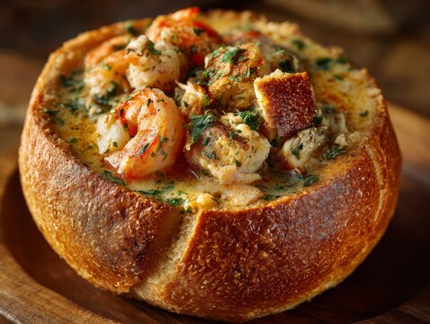 creamy seafood chowder served inside a hollowed artisan bread bowl