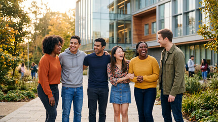 Obraz premium A diverse group of young adults laugh together outdoors by a modern building, symbolizing friendship, community, and education, with autumn foliage.