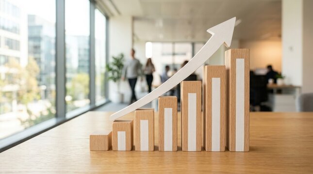 Wooden block bar chart with an upward arrow representing business growth
