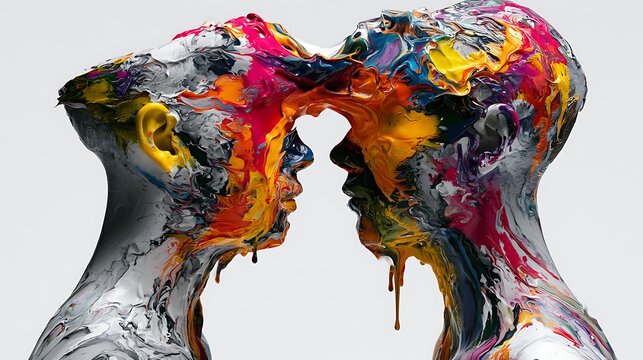 89. A psychological art piece about the enmeshment defense. Two human figures whose faces are made of melting, running paint that blends together into a single, chaotic color puddle, losing 