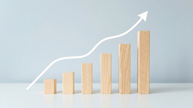 Wooden blocks bar chart with an upward trending arrow