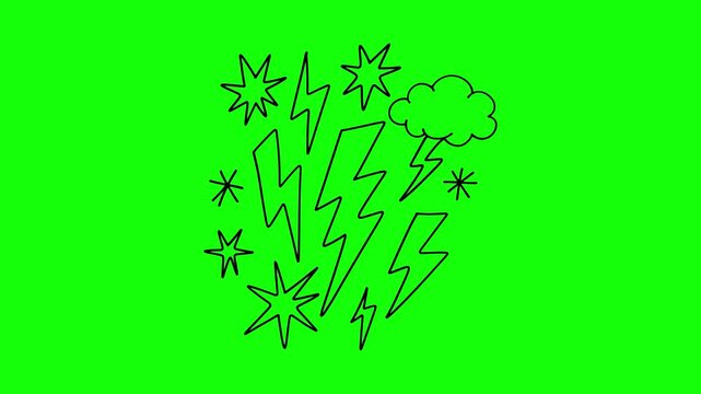 Hand drawn lightning bolts and stars looped animation with line boil effect on green screen chroma key background. For video editing, comics, and creative animations.