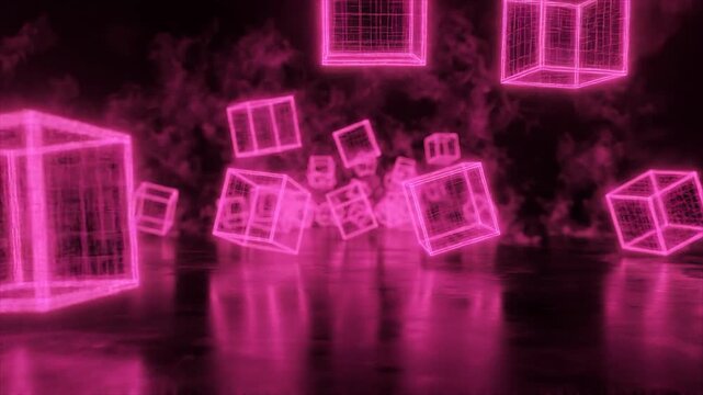 Hot pink neon cubes float and rotate over black in a seamless futuristic geometric background.