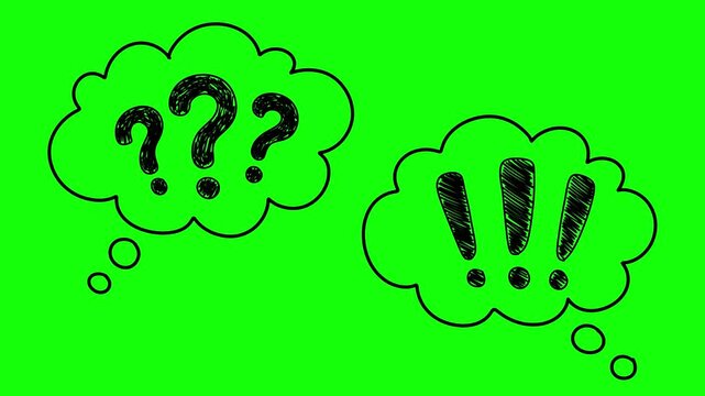 Hand drawn thought speech bubbles with question and exclamation marks line boil looped animation on green screen. Perfect overlay for video editing and comic design. Chroma key