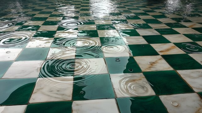 Raindrops creating concentric ripples on green and white tiled floor.