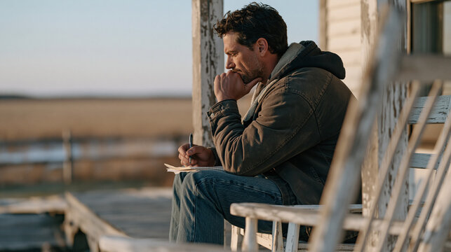 Divorced screenwriter sits alone on a weathered porch in a quiet rural field, scribbling dialogue notes for a holiday film script about split custody, capturing a raw candid