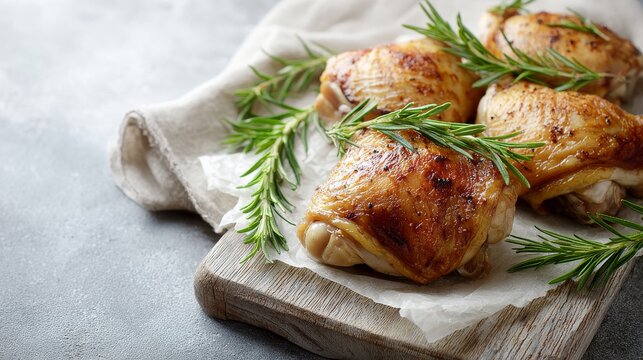 Roasted chicken thighs garnished with fresh rosemary on wooden board.