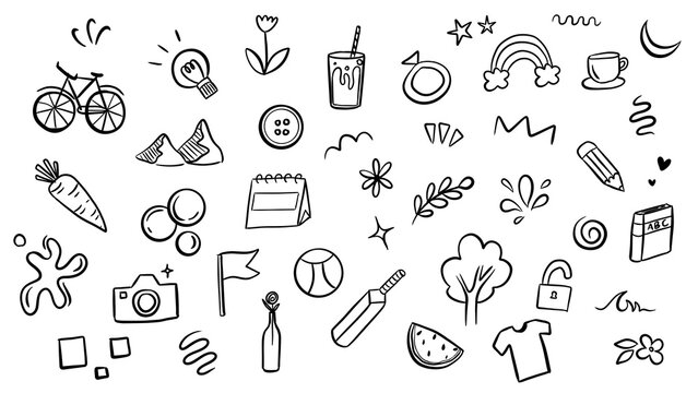 Set of hand drawn doodle icons and elements in black line art style, featuring school, nature, food, and daily life symbols isolated on transparent background.