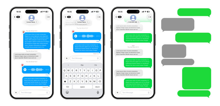Mobile chatting app template with blue and green chat bubbles, message composer, voice chat, and file attachment elements, editable phone chat mockup vector illustration