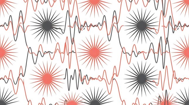 Abstract Seamless Pattern with Sound Waves and Geometric Sun Shapes