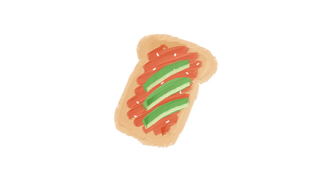 Watercolor illustration of a slice of toasted bread topped with red tomato spread and green avocado slices  for breakfast meal isolated on a transparent background