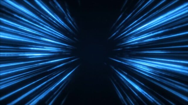 Electric blue neon lines rush through black space creating a dynamic seamless technology background.