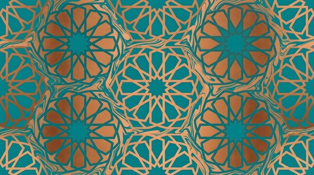Islamic geometric pattern with intricate star and polygon designs in teal and gold