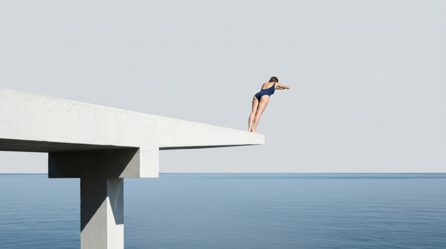 An athlete leaps from a high diving platform into an endless sea under a clear sky &mdash; sport, diving, summer activity, courage in motion