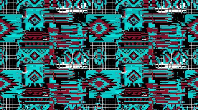 Pixel glitch art pattern with retro digital aesthetic and abstract textures