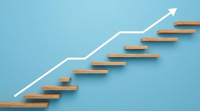 Wooden stairs with a white arrow line indicating upward growth