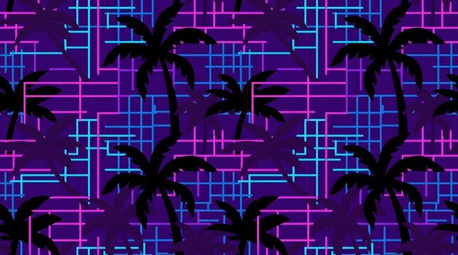 Retro synthwave neon grid seamless pattern with black palm trees silhouette