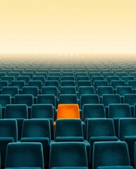 Naklejka premium An empty theater with rows of teal velvet seats, one single orange chair standing out — individuality, choice, standing apart from the crowd