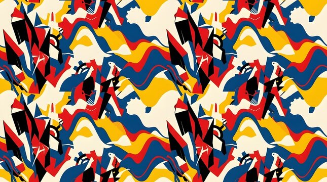 Abstract geometric art pattern with bold red yellow blue wavy shapes