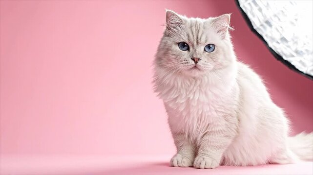 Elegant white cat sits against a clean pastel studio background with generous copy space for pet advertising.