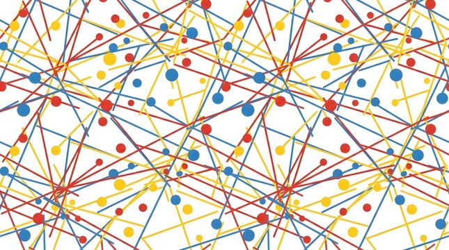 Dynamic abstract network pattern of colorful intersecting lines and spheres on a bright background