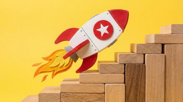 Toy rocket flying up a staircase made of wooden blocks