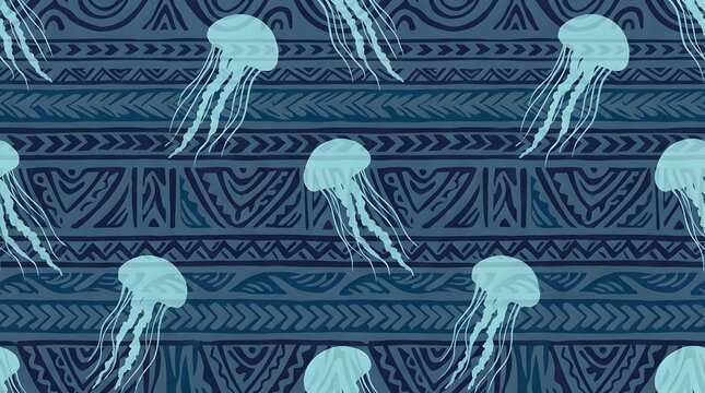 seamless tribal ethnic jellyfish underwater marine pattern backdrop