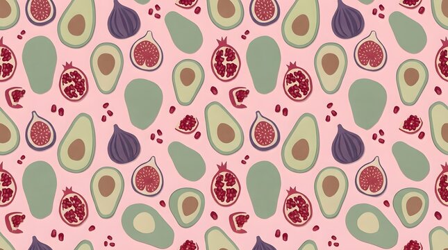 Seamless healthy fruit pattern with avocado and fig design