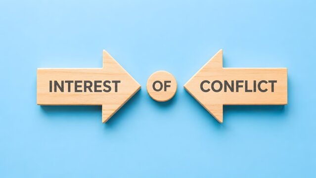 Wooden arrows pointing at each other with the text interest of conflict on a blue background. Concept of business disagreement and corporate ethical dilemma.