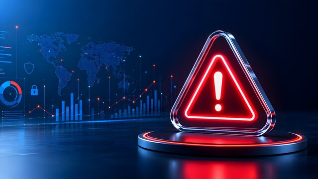 Glowing red warning sign with a digital world map and financial charts. Concept of global market risk and cyber security threat.
