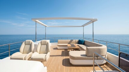 Fototapeta premium A cozy lounge area on a yacht deck with white sofas under a canopy overlooking calm sea — yachting, luxury travel, seaside relaxation