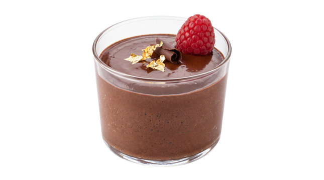 Gourmet chocolate mousse in glass, elegant dark chocolate dessert with raspberry, luxury cocoa pudding with gold leaf