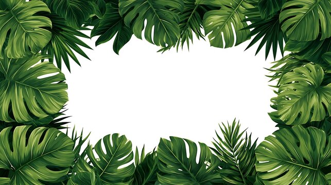 Tropical monstera and palm leaves frame isolated on white background