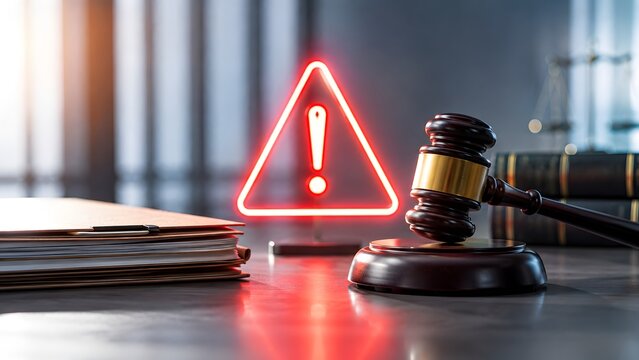 Wooden judge gavel next to a glowing red warning sign and document folders. Concept of legal risk and corporate compliance penalty.