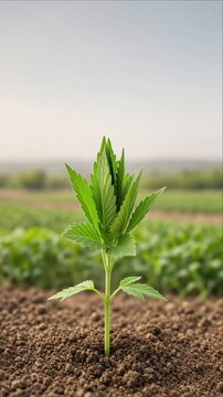 Young Hemp Plant Seedling Growing in Fertile Soil, Green Leaf Foliage and Agricultural Field, Cinematic Botanical Timelapse Background with Soft Horizon, Natural Light and Hopeful Agriculture Growth