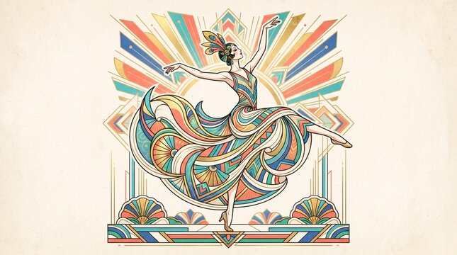 Ornate Art Deco Dancing Flapper with Colorful Swirling Dress and Vintage Sunburst Pattern