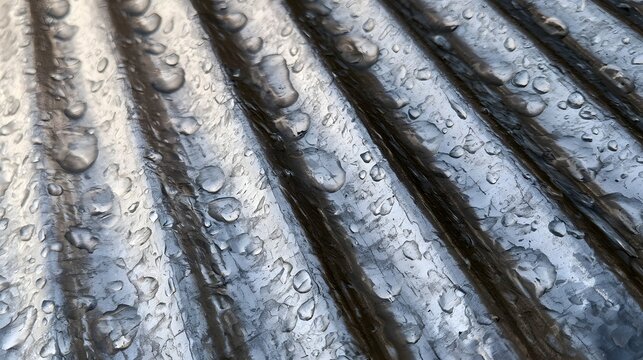 Raindrops glisten on textured corrugated metal surface under soft directional lighting  highlighting water beads and ridges
